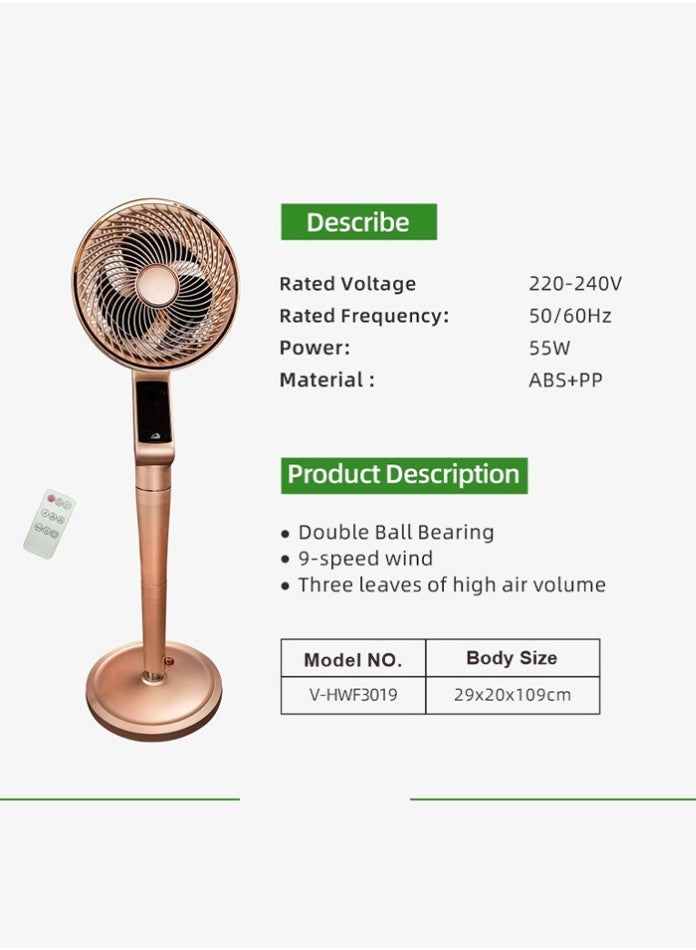 Vmax 12 Inches 9-Speed Luxury Pedestal Fan with Wireless Remote – 70° Automatic Oscillation, Ultra-Quiet Copper Motor & Smart Timer – Rose Gold High-Velocity Air Circulator - Image 5