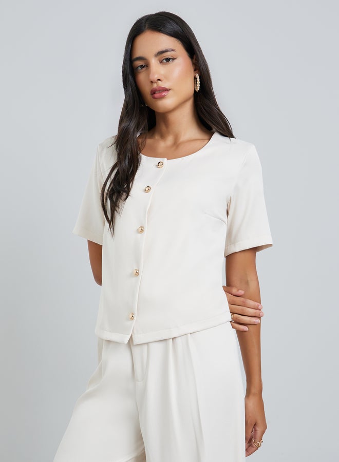 Styli Off-White Short Sleeve Buttoned Top with Pants Co-Ords - Image 2