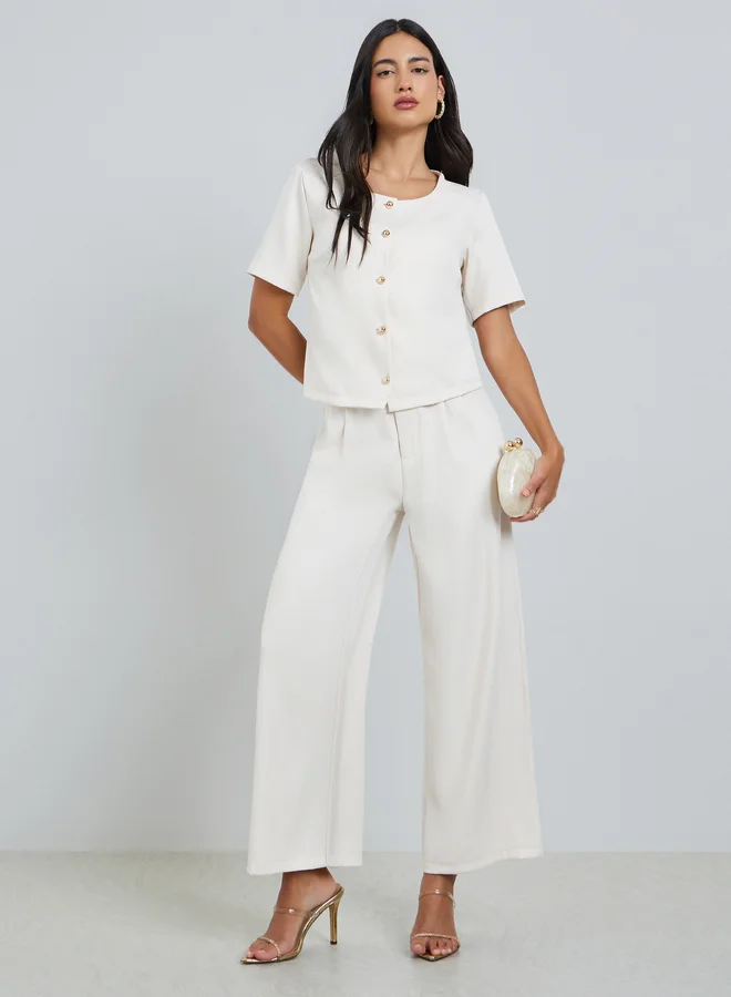 Off-White Short Sleeve Buttoned Top with Pants Co-Ords