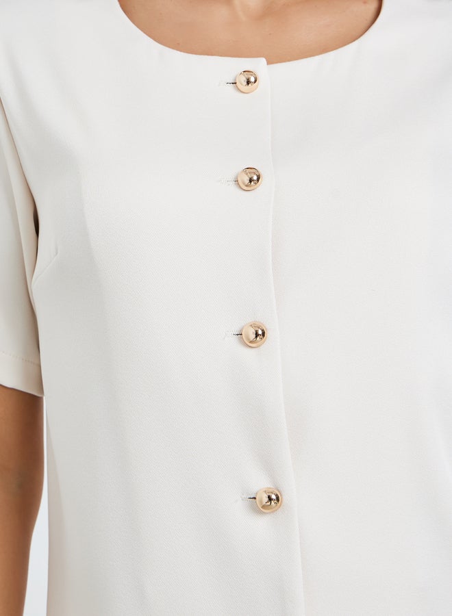 Styli Off-White Short Sleeve Buttoned Top with Pants Co-Ords - Image 3