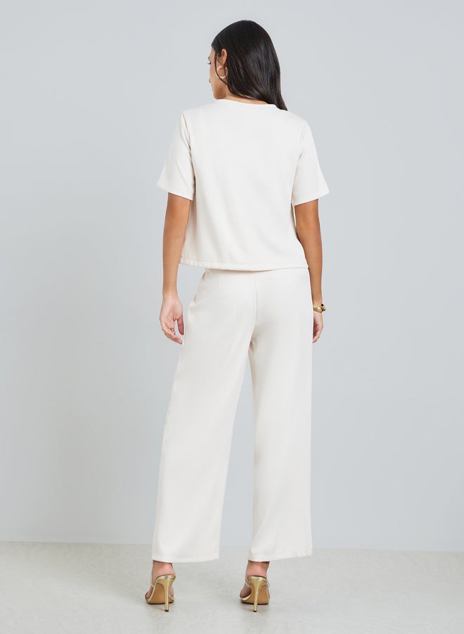 Styli Off-White Short Sleeve Buttoned Top with Pants Co-Ords - Image 5
