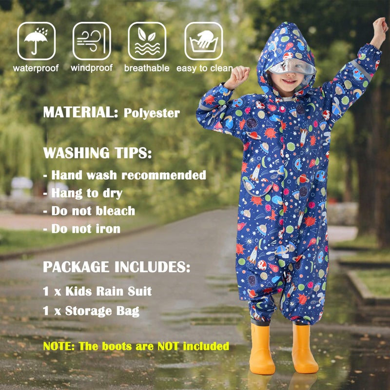 Fewlby Kids Rain Suit for Boys One Piece Hoodie Zipper Cartoon Waterproof Coverall Toddler Rain Jacket, 3-5 Years M Size - Image 3