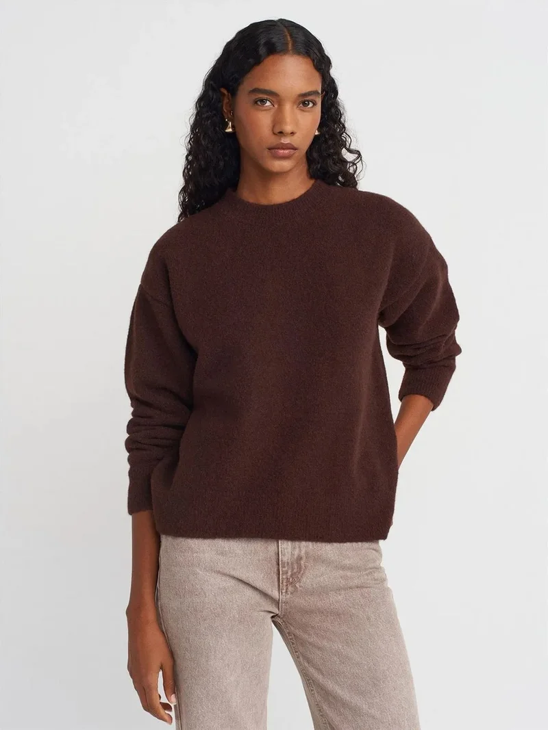ديلفين DILVIN Women's Solid Crew Neck Ribbed Sweater