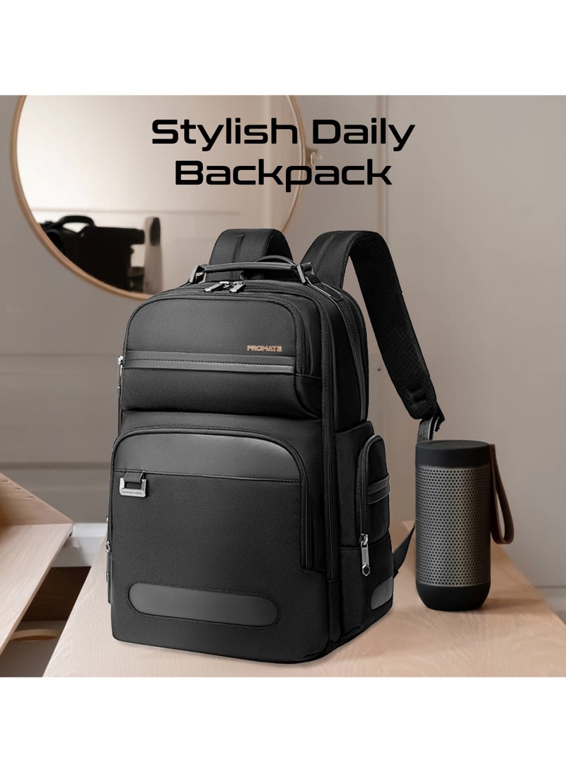 Promate Travel Backpack with Trolley Strap, Shock-Proof 15.6" Laptop Storage, Spacious Compartments, Ergonomic Lightweight Structure, Water-Resistant Nylon, And Smooth Secure Zippers Voyage-BP Black Black - Image 2