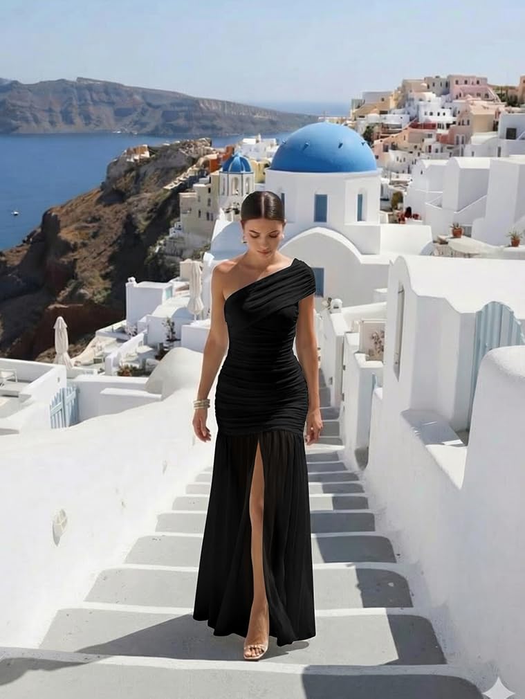 LAGSHIAN Women's Elegant Formal Long Dress One Shoulder Sleeveless Ruched Bodycon Evening Dress Black - Image 3