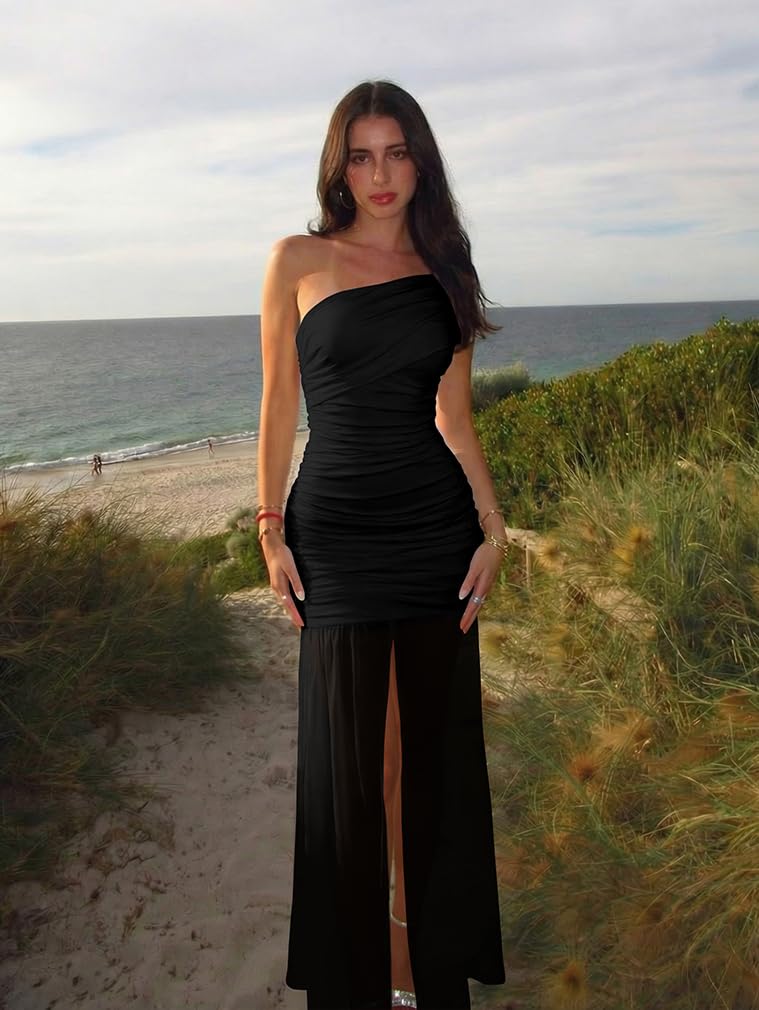 LAGSHIAN Women's Elegant Formal Long Dress One Shoulder Sleeveless Ruched Bodycon Evening Dress Black - Image 5
