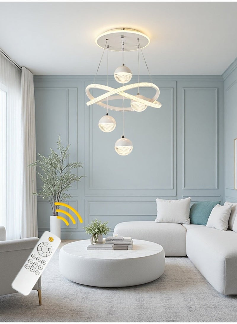 Modern-style LED pendant light, with three adjustable light colours and adjustable height, operated via remote control or a switch. Suitable for bedrooms, above dining tables, living rooms, studies and more. White. - Image 1
