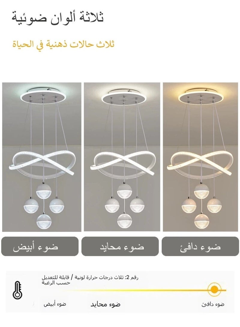 Modern-style LED pendant light, with three adjustable light colours and adjustable height, operated via remote control or a switch. Suitable for bedrooms, above dining tables, living rooms, studies and more. White. - Image 4