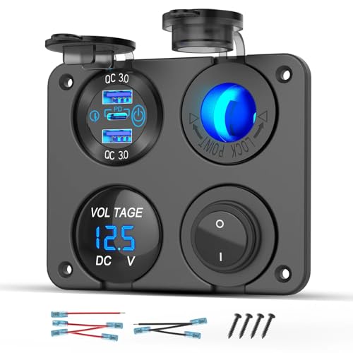 Hapytrip 12 Volt USB Outlet RV Accessory 12V Marine Switch Panel, Dual PD30W and QC18W Car USB Port Aluminum Charger, Lighted 150W Cigarette Lighter Socket, Blue LED Voltmeter and Rocker Switch, 4 IN 1 DIY Kit - Image 1