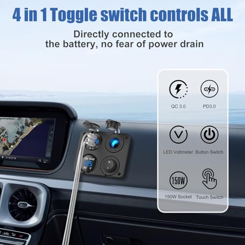 Hapytrip 12 Volt USB Outlet RV Accessory 12V Marine Switch Panel, Dual PD30W and QC18W Car USB Port Aluminum Charger, Lighted 150W Cigarette Lighter Socket, Blue LED Voltmeter and Rocker Switch, 4 IN 1 DIY Kit - Image 3