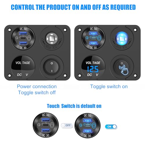 Hapytrip 12 Volt USB Outlet RV Accessory 12V Marine Switch Panel, Dual PD30W and QC18W Car USB Port Aluminum Charger, Lighted 150W Cigarette Lighter Socket, Blue LED Voltmeter and Rocker Switch, 4 IN 1 DIY Kit - Image 5