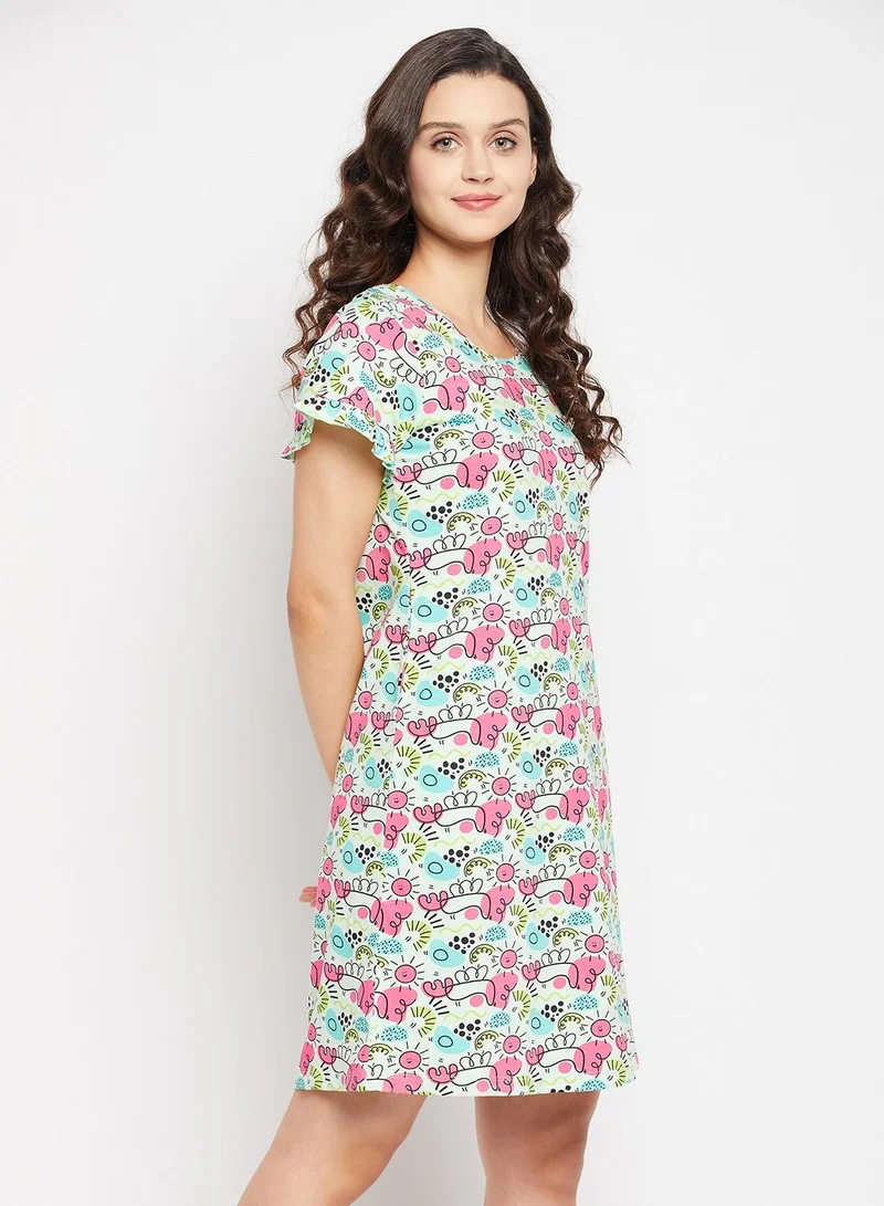Clovia  Clovia Print Me Pretty Short Night Dress In Baby Blue - 100% Cotton for Women | Best Price UAE