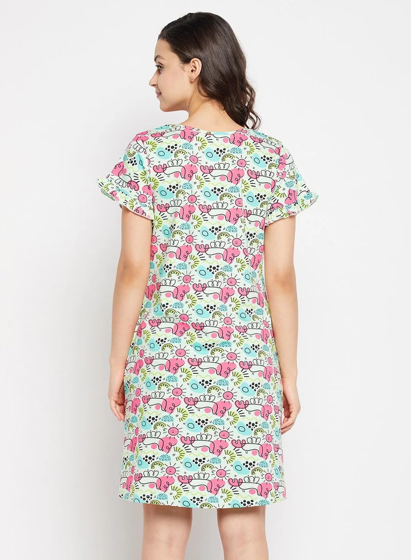 Clovia  Clovia Print Me Pretty Short Night Dress In Baby Blue - 100% Cotton for Women | Best Price UAE