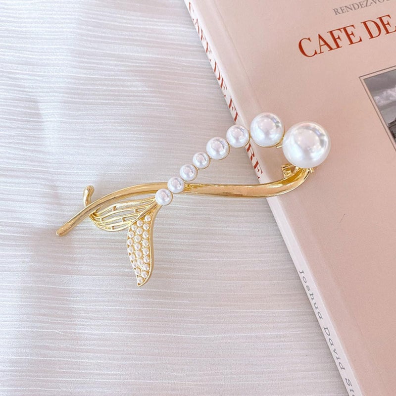 SHOWERORO 2 Pcs Rhinestone Pearl Hair Clips with Fishtail and Frog Clasp Metal Bridal Hairpins for Wedding Hair Accessories for Ponytail and Updo - Image 4