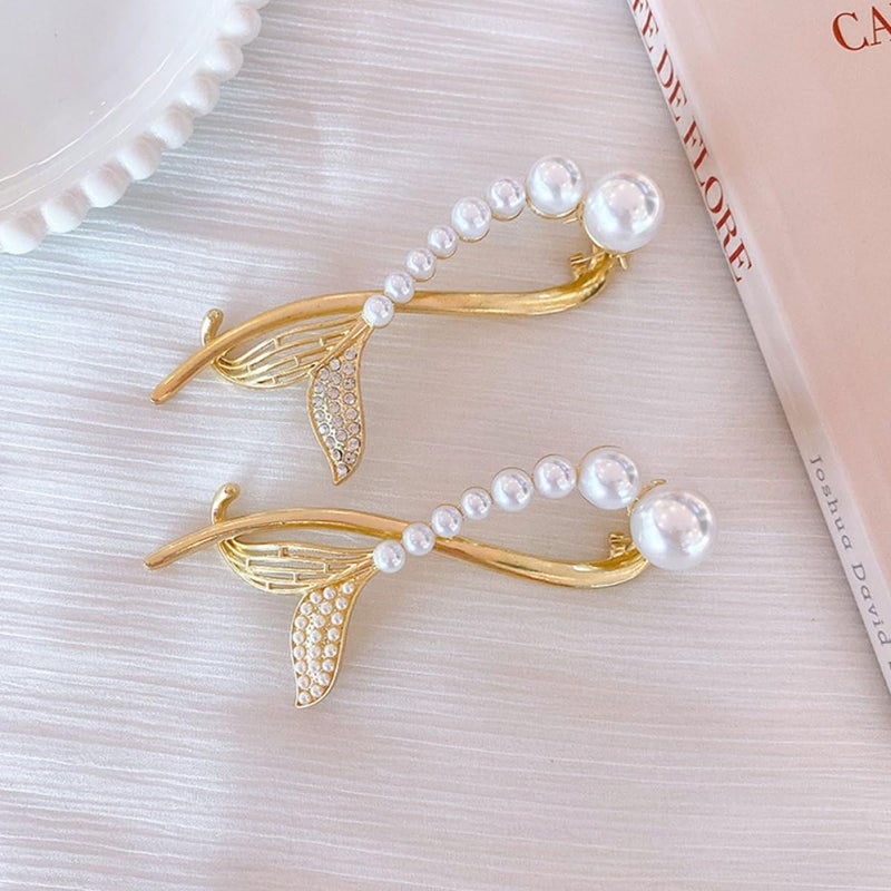 SHOWERORO 2 Pcs Rhinestone Pearl Hair Clips with Fishtail and Frog Clasp Metal Bridal Hairpins for Wedding Hair Accessories for Ponytail and Updo - Image 5