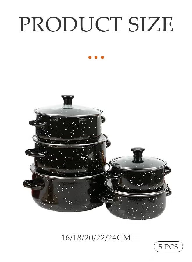 طقم أواني مينا مكون من 5 قطع، مجموعة أواني غير لاصقة مع أغطية زجاجية، تعمل مع معظم مواقد الطهي، طقم أواني وصواني للحساء، 16/18/20/22/24 سم - Image 2