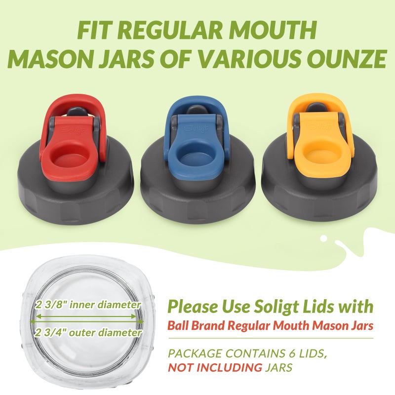 Soligt 6 Pack Mason Jar Lids, Regular Mouth Pour Spout Flip Cap Lids for Ball Brand Mason Jars, Leak Proof Airtight for Drinking Salad Dressing & Food Storing (jars are not included) - Image 2