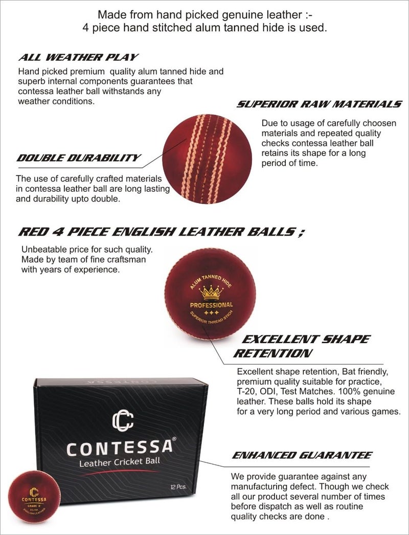 CONTESSA English Leather Cricket Balls (Hand Stitched,Alum Tanned,4 Piece,RED) (6) - Image 4