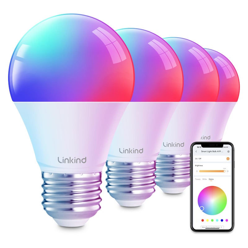 Linkind Smart Light Bulbs, Smart Bulb That Work with Alexa & Google Home, LED Light Bulbs Color Changing, 104 Preset Scene, Music Sync, A19 E26 2.4GHz RGBTW WiFi Bluetooth Light Bulb 60W, 800LM, 4Pack - Image 1