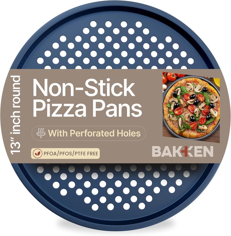 BAKKENMASTER Bakken Pizza Baking Pan - Round Perforated Carbon Steel Pan with Non-Stick Marble Coating, Oversized Silicone Handle, Dishwasher Safe, High-Temperature Resistant, Durable & Easy Cleanup - Blue, 1 Tray - Image 1