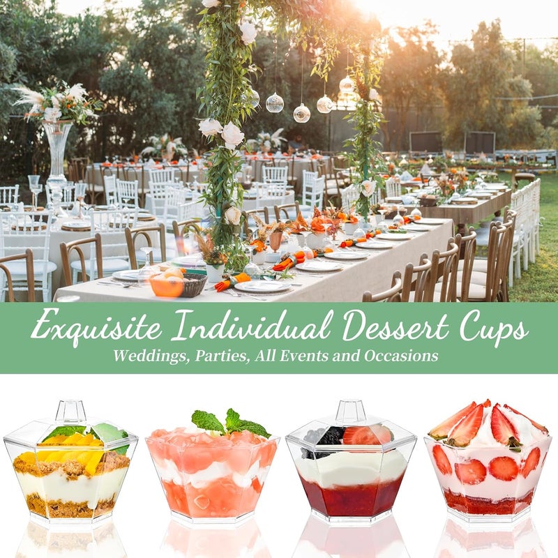 TOFLEN 35 oz Mini Dessert Cups with Lids and Spoons 150 Pcs  Serves 50  Hexagonal Small Plastic Dessert Cups for Parfait Cake Mousse Appetizers Jello Shot and Puddings - Image 5