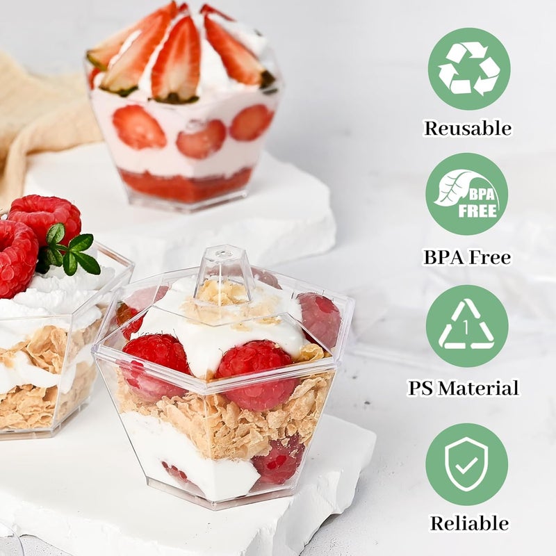 TOFLEN 35 oz Mini Dessert Cups with Lids and Spoons 150 Pcs  Serves 50  Hexagonal Small Plastic Dessert Cups for Parfait Cake Mousse Appetizers Jello Shot and Puddings - Image 4