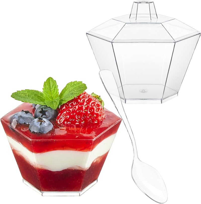 TOFLEN 35 oz Mini Dessert Cups with Lids and Spoons 150 Pcs  Serves 50  Hexagonal Small Plastic Dessert Cups for Parfait Cake Mousse Appetizers Jello Shot and Puddings - Image 1