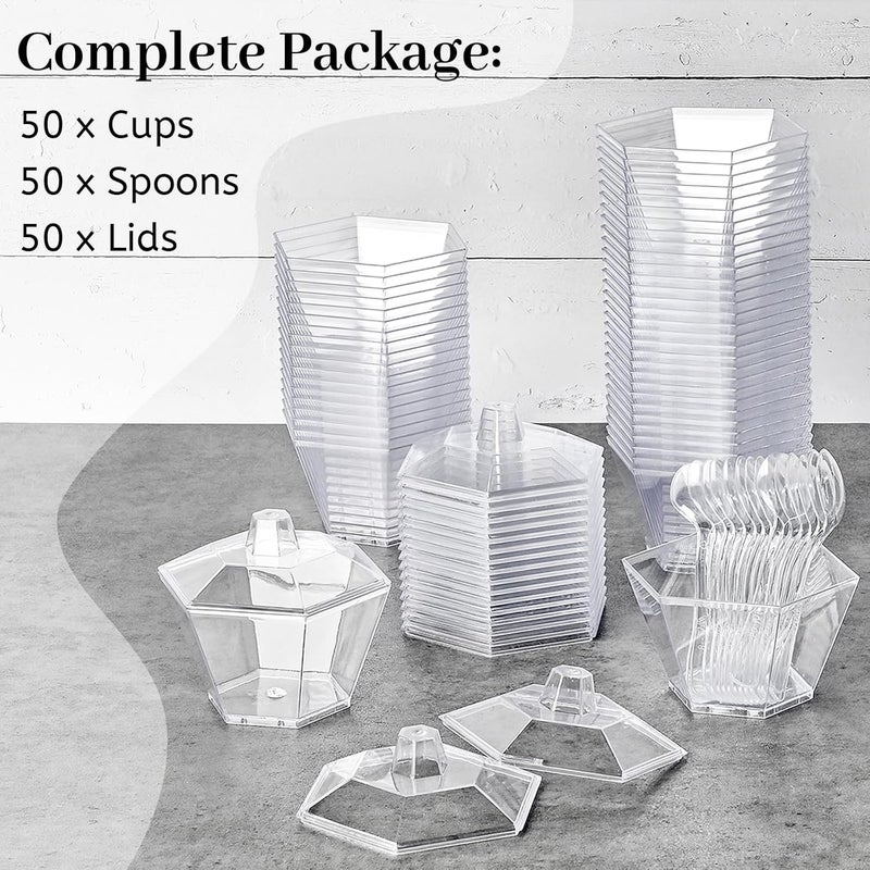 TOFLEN 35 oz Mini Dessert Cups with Lids and Spoons 150 Pcs  Serves 50  Hexagonal Small Plastic Dessert Cups for Parfait Cake Mousse Appetizers Jello Shot and Puddings - Image 3