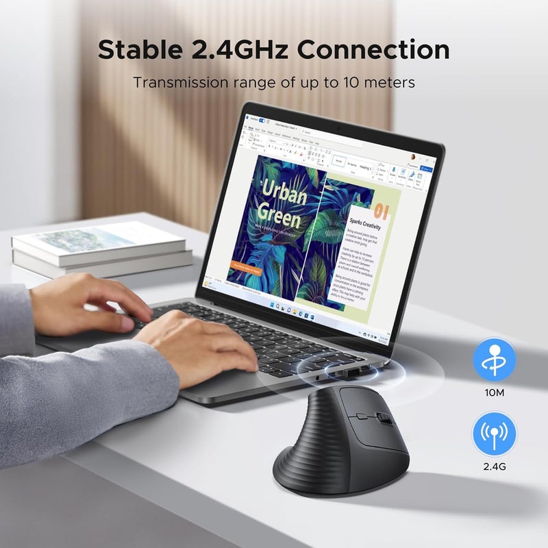 UGREEN Vertical Ergonomic Mouse, 4000 DPI Wireless Mouse Bluetooth & 2.4GHZ USB Receiver, 4 Adjustable DPI 1000/1600/2000/4000, Compatible Windows/MacOS/Linux/Chrome/Android, for MacBook, PC, Tablet - Image 3