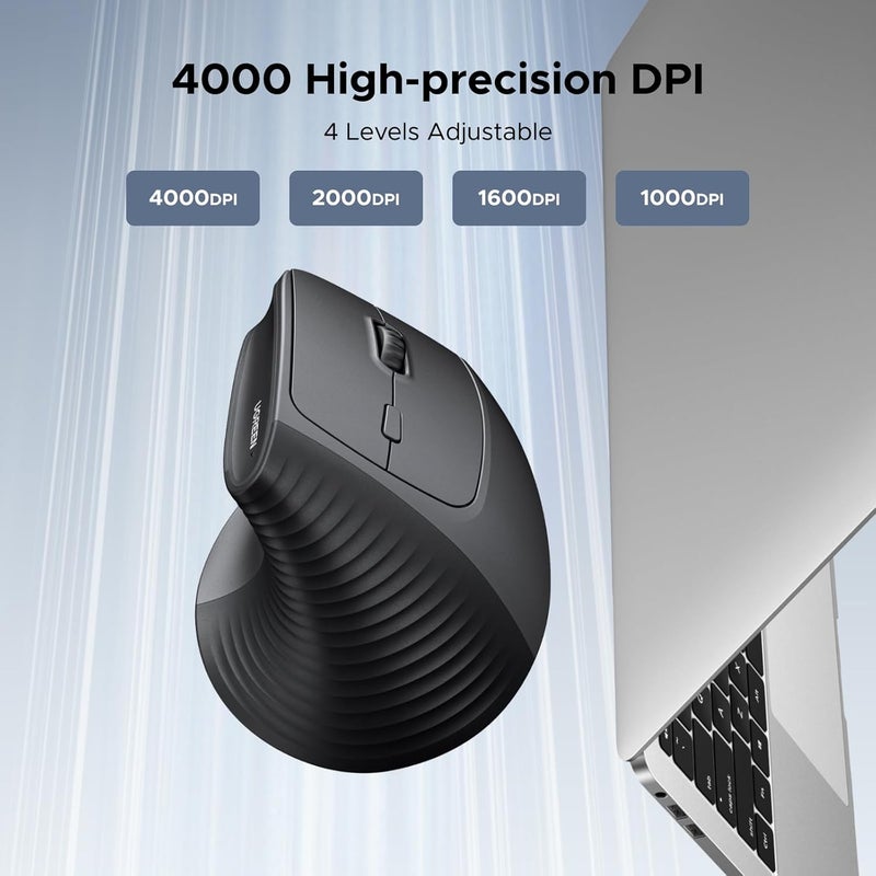 UGREEN Vertical Ergonomic Mouse, 4000 DPI Wireless Mouse Bluetooth & 2.4GHZ USB Receiver, 4 Adjustable DPI 1000/1600/2000/4000, Compatible Windows/MacOS/Linux/Chrome/Android, for MacBook, PC, Tablet - Image 5