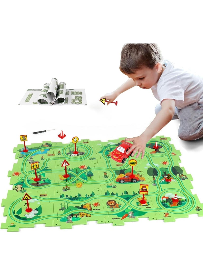 Puzzle Track Car Play Set, Plastic Puzzles with Vehicles, Railcar Puzzle, Car Tracks,Educational Kits - Image 1