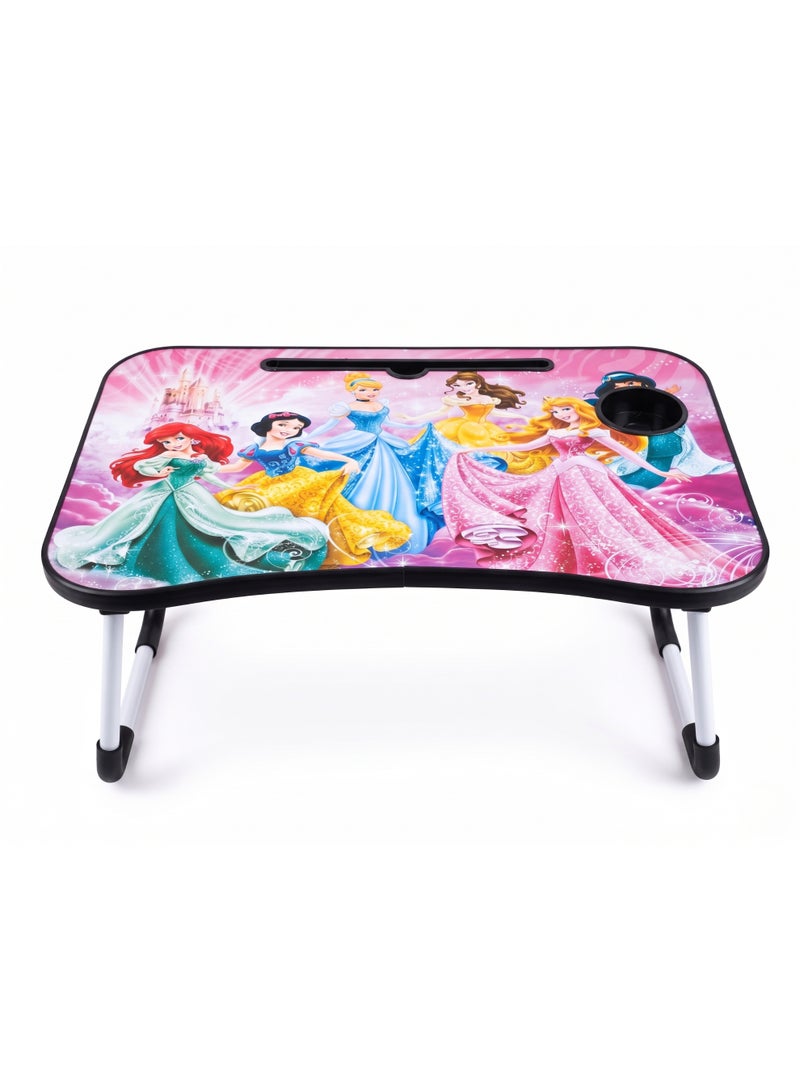 Foldable Laptop Bed Tray Desk with Cup Holder and Tablet Slot, Fairytale Princess Design - Pink - Image 1