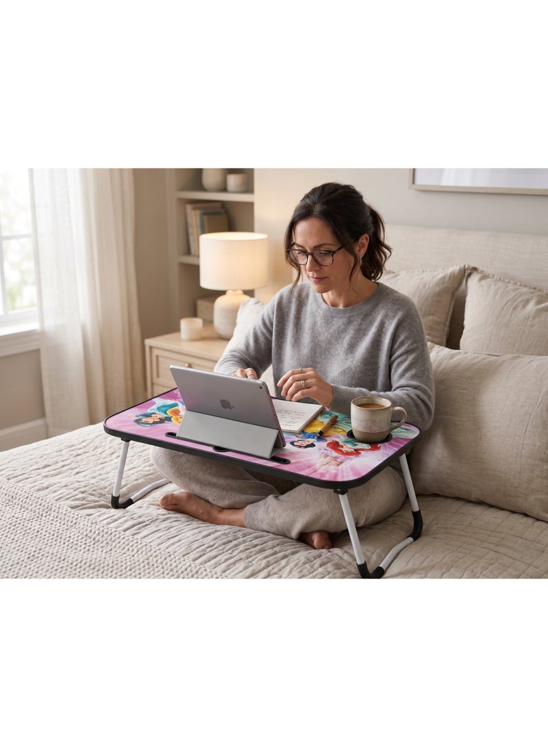 Foldable Laptop Bed Tray Desk with Cup Holder and Tablet Slot, Fairytale Princess Design - Pink - Image 3
