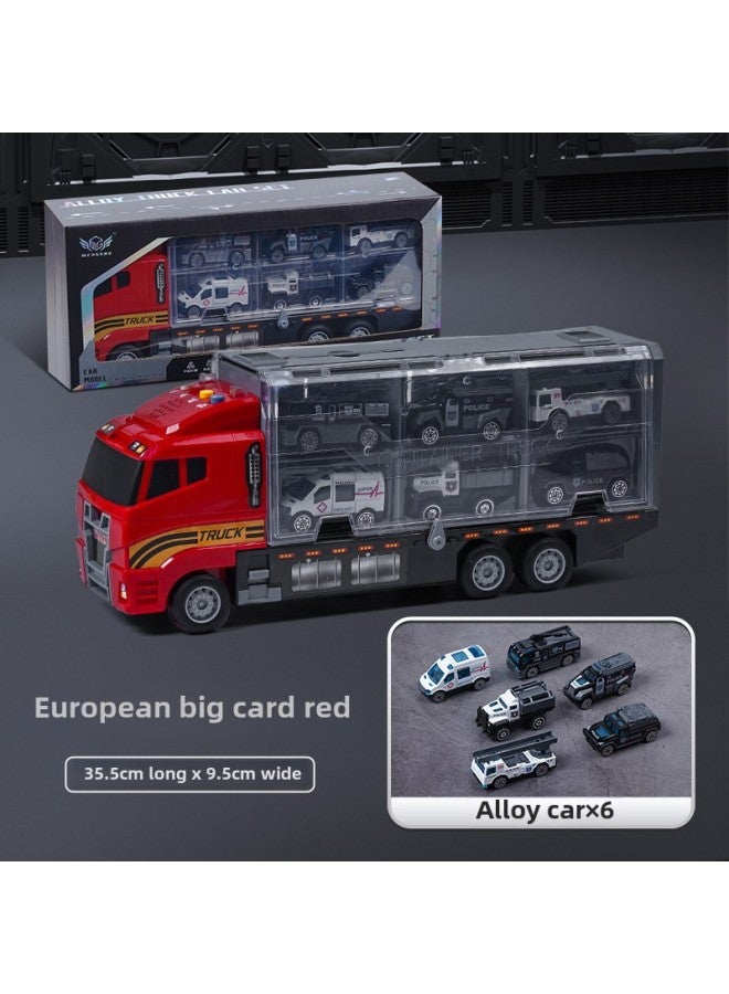 Alloy Engineering Vehicle Children's Storage Container Truck Large Rail Transport Vehicle Early Education Educational Toys Car Wholesale-Color:Fire Short-head Container Truck + Police Car  - Image 1
