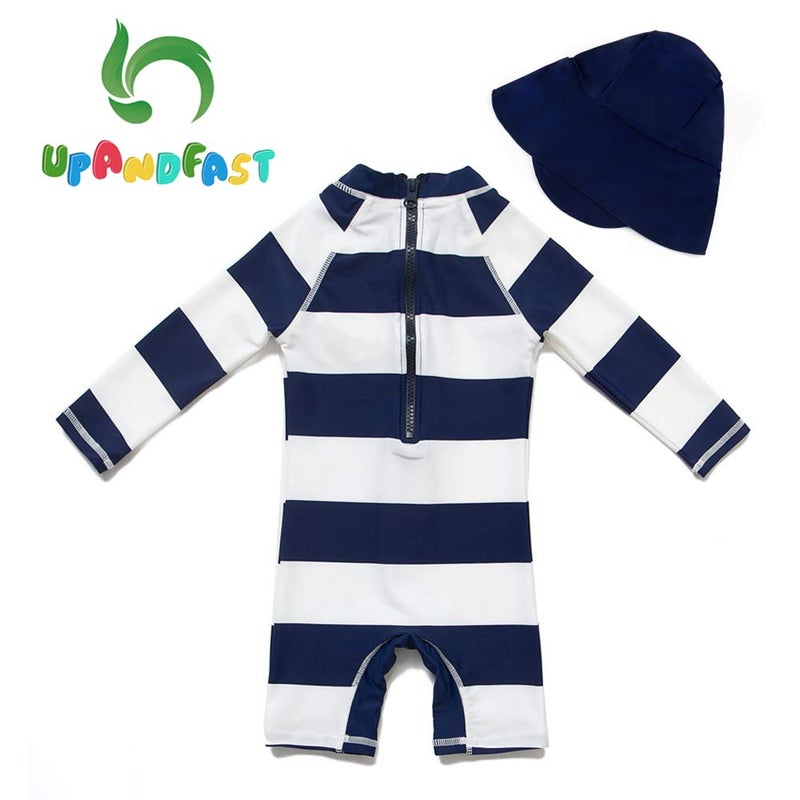 upandfast Kids One Piece Zip Sunsuit With Sun Hat UPF 50+ Sun Protection Baby Beach Swimsuit (Stripe(LS), 18-24 Months) - Image 2