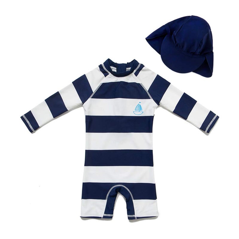 upandfast Kids One Piece Zip Sunsuit With Sun Hat UPF 50+ Sun Protection Baby Beach Swimsuit (Stripe(LS), 18-24 Months) - Image 1