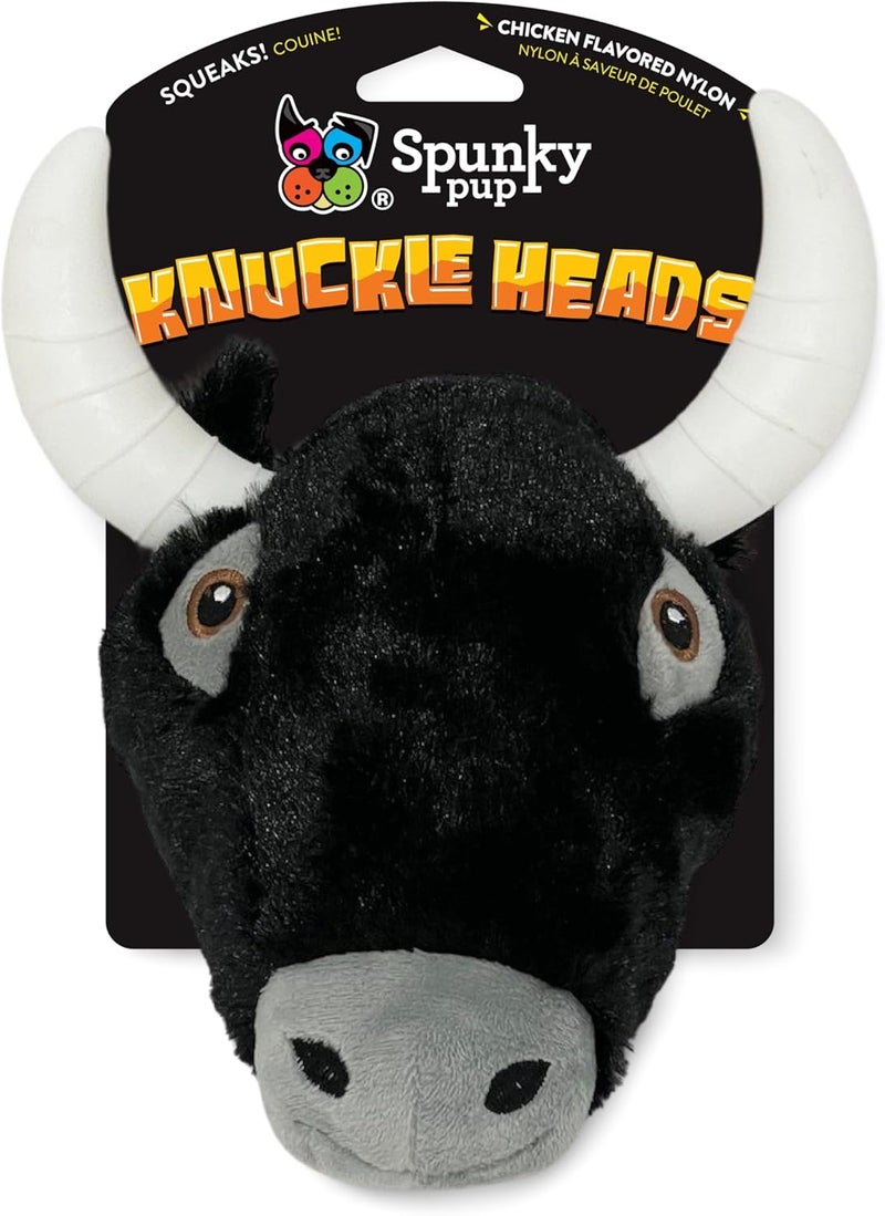 Spunky pup Knucklehead Durable Dog Toy - 2-in-1 Plush & Chew Toy for Aggressive Chewers, Chicken-Flavored Dental Chew, Durable Double-Stitched Squeaker- Bull - Image 1