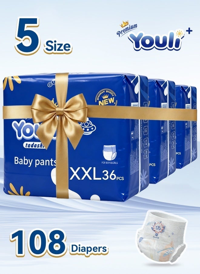 Youli Baby Diapers,Pants Diapers Size 5,12-17 Kg, 360° Leak-Free Fit For Up To 100% Leakage Protection, Ultimate Comfort Rash Protection Mega Pack 108 Diapers