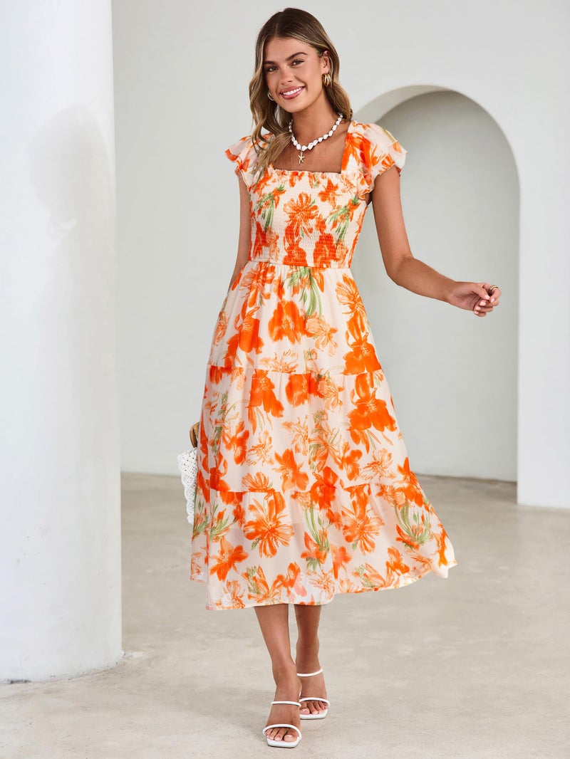 Simplee Women Floral Summer Midi Dress Beach Vacation Square Neck Spring Sun Dress A Line Chiffon Long Wedding Guest Dress 2026 (Orange Floral L) - Image 2