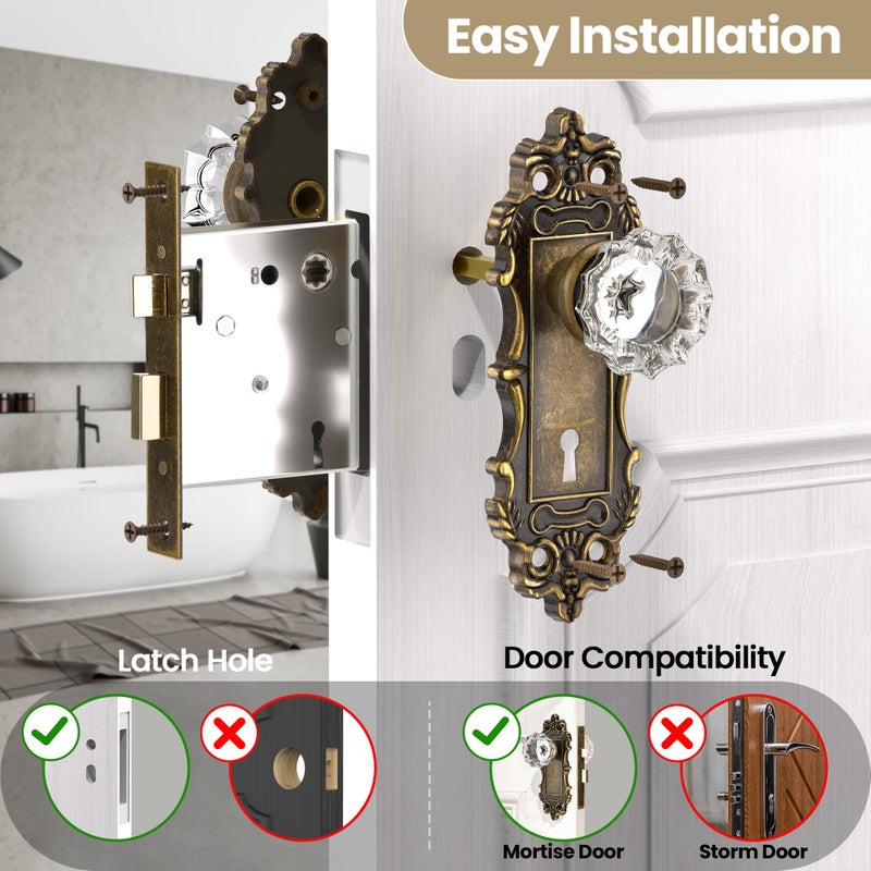 CEYMIO Antique Door Knobs Interior Mortise Lock Bronze Door Knob Crystal Glass Door Handle Skeleton Key Vintage Door Locks for Bedrooms Bathroom - Image 3