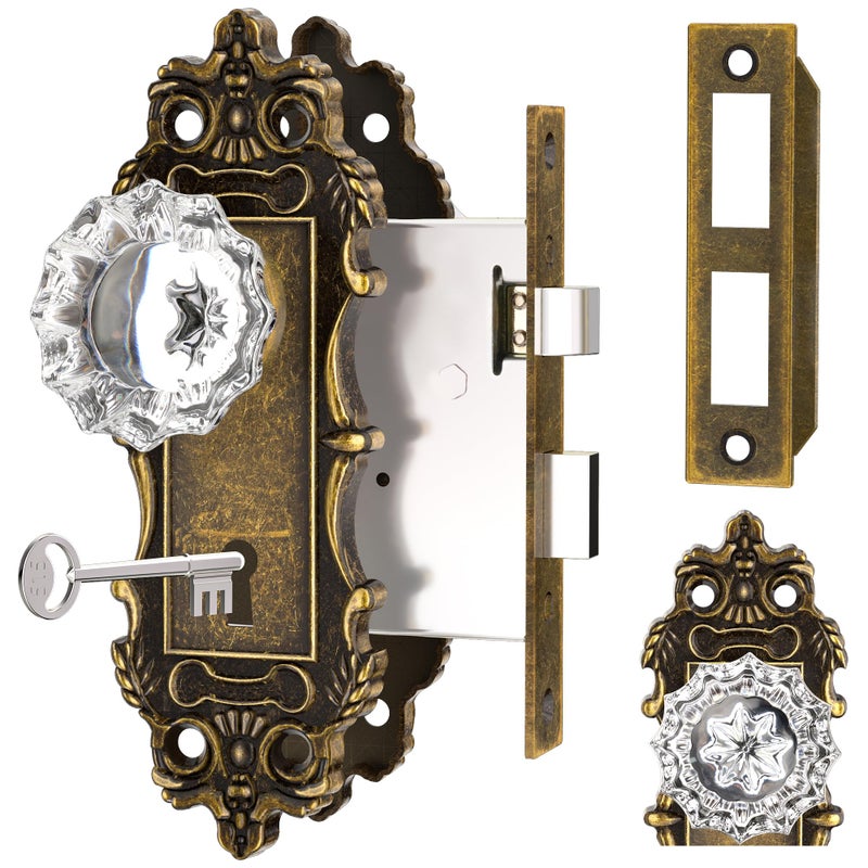 CEYMIO Antique Door Knobs Interior Mortise Lock Bronze Door Knob Crystal Glass Door Handle Skeleton Key Vintage Door Locks for Bedrooms Bathroom - Image 1