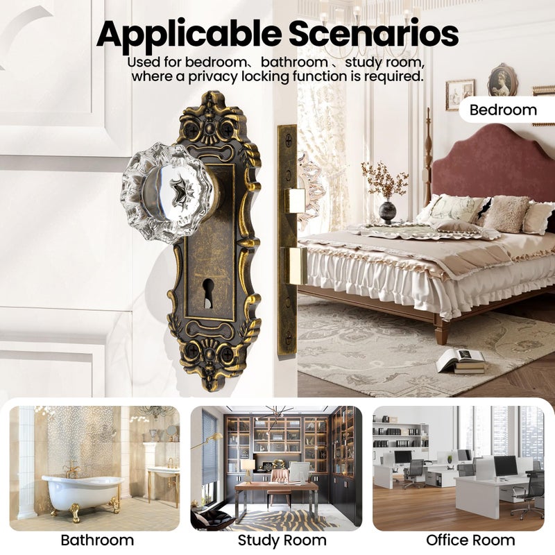 CEYMIO Antique Door Knobs Interior Mortise Lock Bronze Door Knob Crystal Glass Door Handle Skeleton Key Vintage Door Locks for Bedrooms Bathroom - Image 2