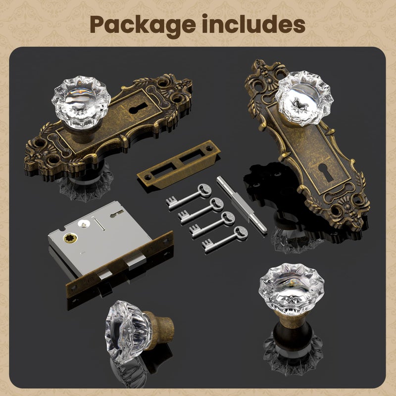 CEYMIO Antique Door Knobs Interior Mortise Lock Bronze Door Knob Crystal Glass Door Handle Skeleton Key Vintage Door Locks for Bedrooms Bathroom - Image 5