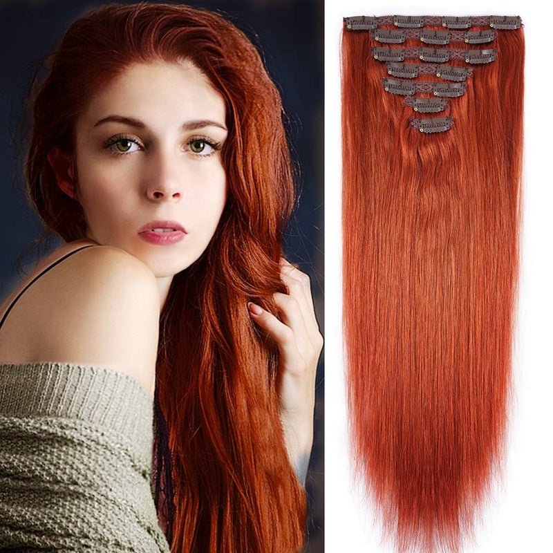 FAAAL 22 Clip in Human Hair Extensions Full Head 200g 10 Pieces 22 Clips Copper Red Double Weft Brazilian Real Remy Hair Extensions Thick Straight Silky 22 200g 350