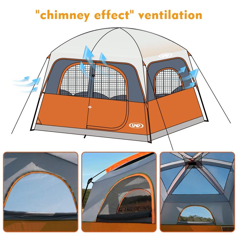 UNP Tents 6 Person Waterproof Windproof Easy Setup,Double Layer Family Camping Tent with 1 Mesh Door & 5 Large Mesh Windows -10'X9'X78in(H) Orange - Image 3