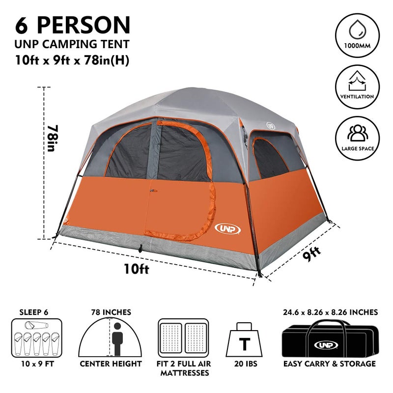 UNP Tents 6 Person Waterproof Windproof Easy Setup,Double Layer Family Camping Tent with 1 Mesh Door & 5 Large Mesh Windows -10'X9'X78in(H) Orange - Image 2