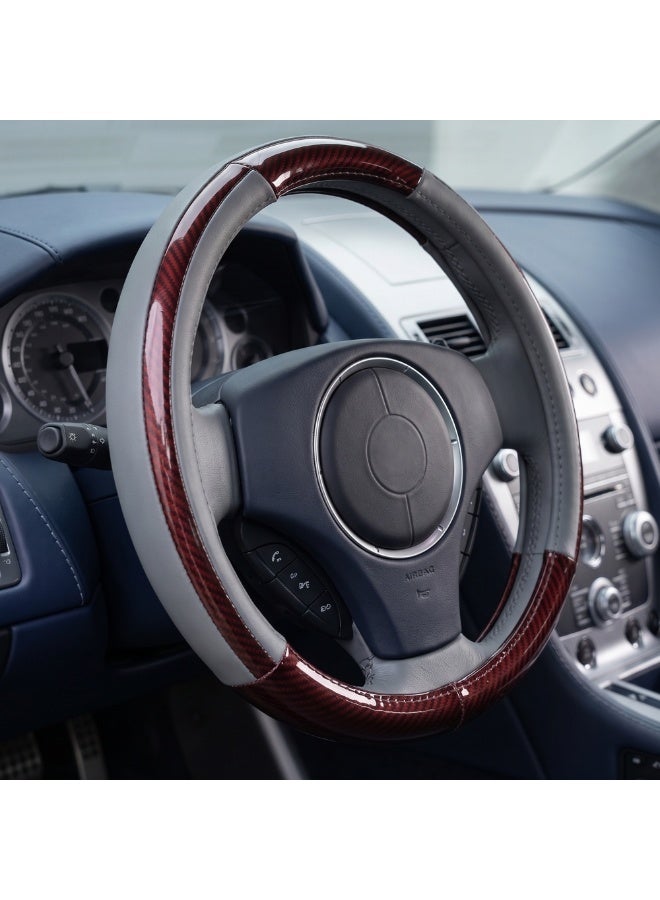 Manful Luxury Wood Grain & Leather Steering Wheel Cover 15 Inch (37–38 cm) – Universal Fit, Anti-Slip Grip, Heat Resistant, Premium PU Leather, Stylish Car Interior Accessory - Image 1
