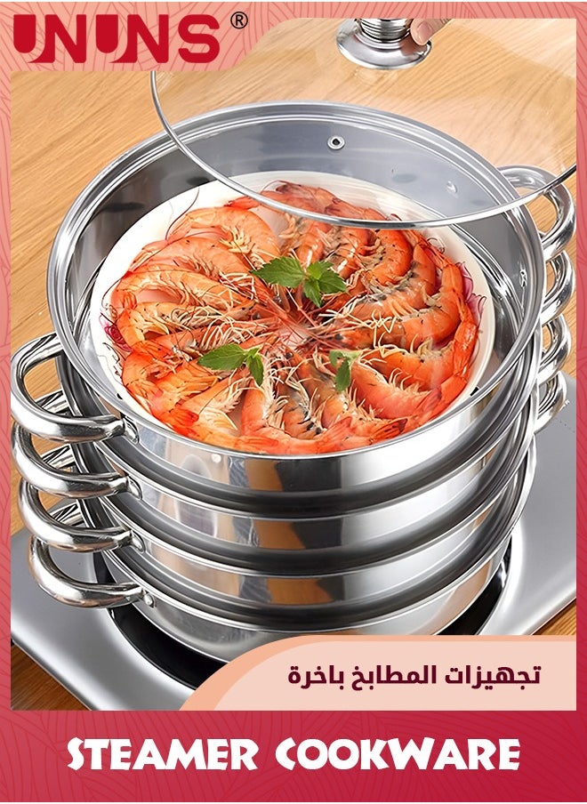 قدر بخار، قدر بخاري مكون من 4 طبقات مع غطاء ومقبضين، قدر حساء كبير متعدد الوظائف، قدر طهي للمطبخ، قدر بخاري للأرز 28 × 40 سم