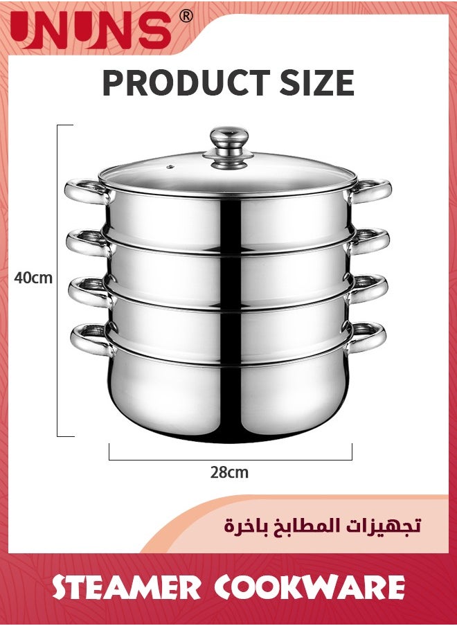 قدر بخار، قدر بخاري مكون من 4 طبقات مع غطاء ومقبضين، قدر حساء كبير متعدد الوظائف، قدر طهي للمطبخ، قدر بخاري للأرز 28 × 40 سم