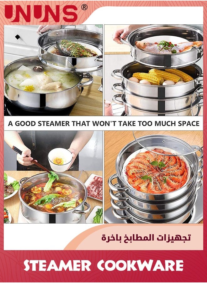 UNUNS Steam Pot,4 Tier Steamer With Lid Stepped Steamer And Twin Handles,Stainless Steel Stockpot,Multifunction Large Soup Pot Cooking Pot For Living Kitchen Food Cooking,28X23CM Rice Steamer  - Image 4